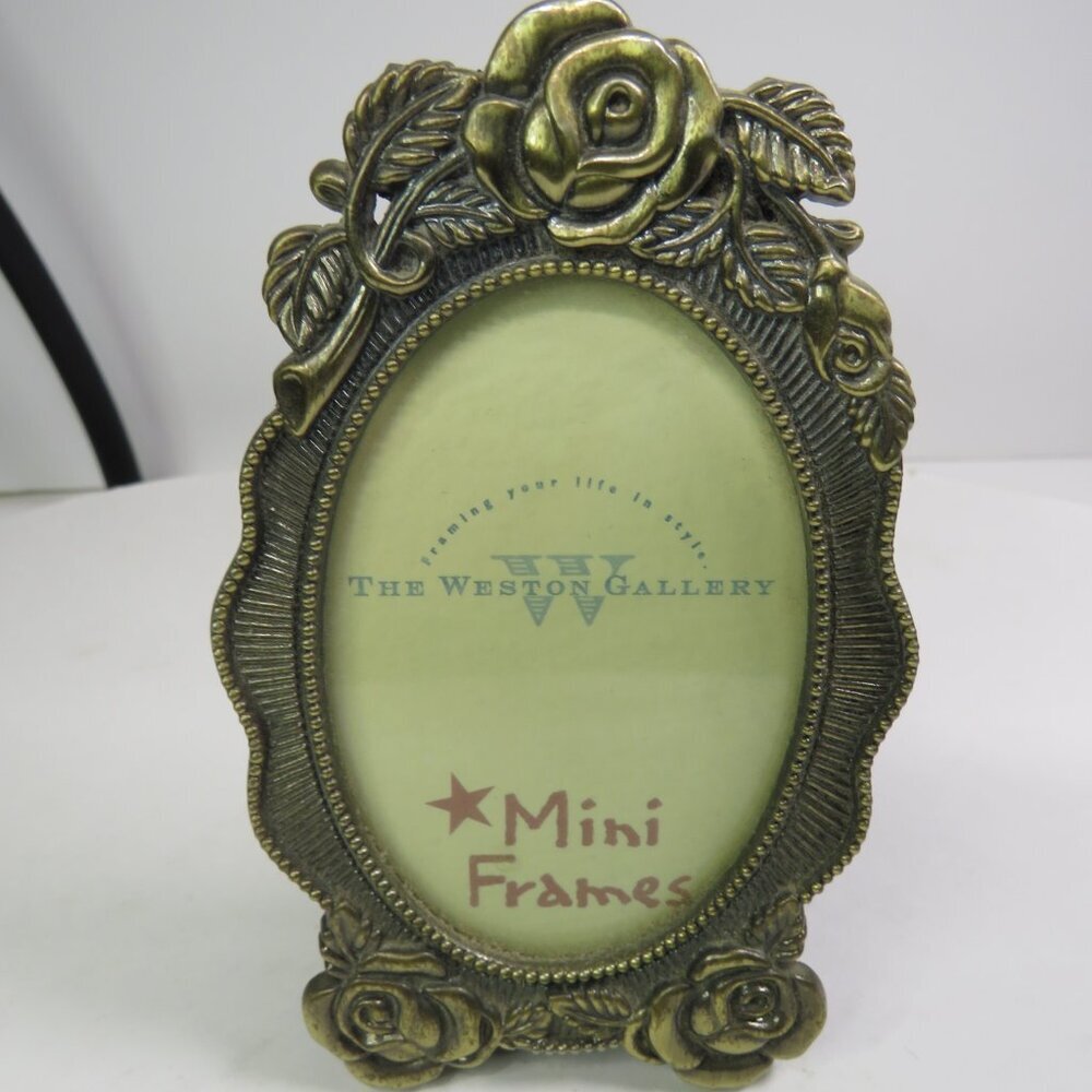 Satin Gold Rose Floral Mini Picture Frame 4.75 inches tall Glass insert